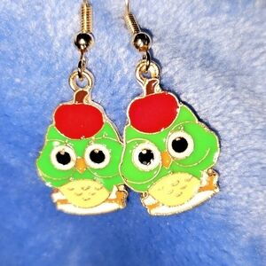 Green and Red Apple Owl Earrings